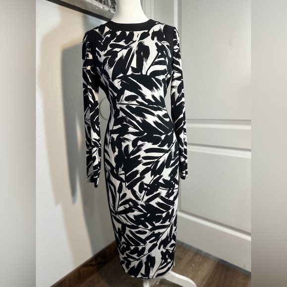 Modest modern bodycon leaf print white and black Maggy London women size 6 - Picture 12 of 16